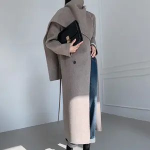 Autumn Women Scarf Collar Long Cashmere Wool Coat Double Faced Wool Coat