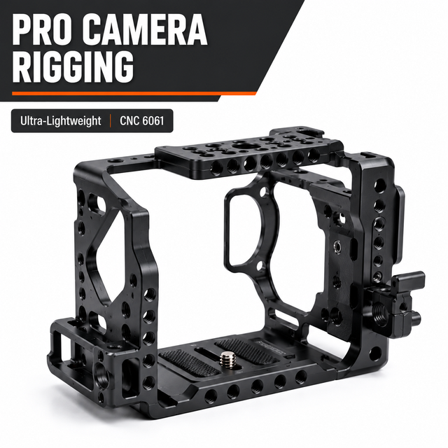 Custom CNC Machined Aluminum Camera Cage Rig for Mirrorless DSLR Professional Video Production