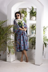 Red And Water Blue Printed Dress For <b>Women</b> With <b>Cape</b> Sleeves V Neckline And Flared Hem For Stylish Casual Fashion And Party Wear - Product Image 3