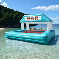 Bar flottant gonflable turquoise avec enseigne BAR, comptoir de bar gonflable avec design de toit pour plage, mer, fête estivale en plein air