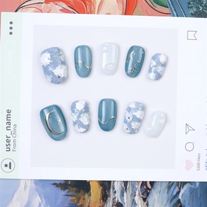 Faux <span class=keywords><strong>Ongles</strong></span> Personnalisés Effet <span class=keywords><strong>Métallique</strong></span> Étoile et Lune, Acrylique <span class=keywords><strong>Bleu</strong></span> Nuage 3D, Courts, Ronds, Ovales, à Presser, Haute Qualité avec Colle - Product Image 5