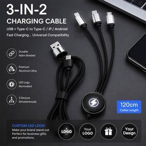 Câble de charge USB Type C en cuivre pur avec logo personnalisé, promotionnel, 1,2 m, tressé en nylon, double entrée 3.2, avec LED - Product Image 2