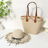 Conjunto de Sombrero Panamá de Paja Rafia de Ala Ancha y Bolso Tote a Rayas, Estilo Casual Deportivo para Verano, Ciclismo, Fiestas y Actividades al Aire Libre