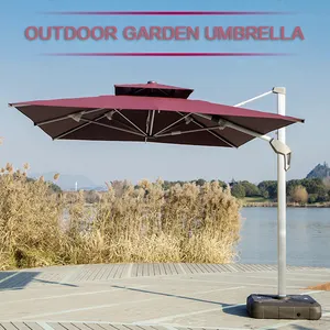 Modern Outdoor Patio Garden Hotel Cafe 360 Degree Rotation Solar LED Light Umbrella Parasol With Base