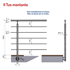 Hauteur de fixation latérale du montant A4-L-round 1.00 m Acier inoxydable AISI 316 5 trous Ø 12.5 P110109-5 poli SKU - Product Image 1