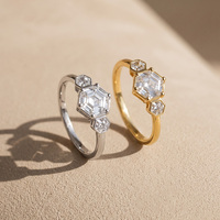 Bague de fiançailles vintage en laiton avec trois zircons hexagonaux pour femme, bijoux fins de mariée