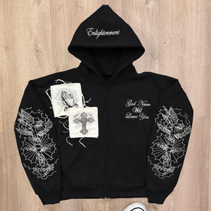 Sudadera con capucha bordada desgastada con lavado ácido de algodón pesado de 600 Gsm personalizada sudadera con cremallera y hombros caídos rasgados - Product Image 1