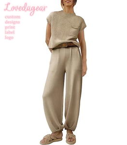 Loveda Custom Private Label Mujeres Sólido Leggings <span class=keywords><strong>Set</strong></span> de manga corta a rayas de dos piezas Mujeres Lounge Sets con bolsillos - Product Image 1