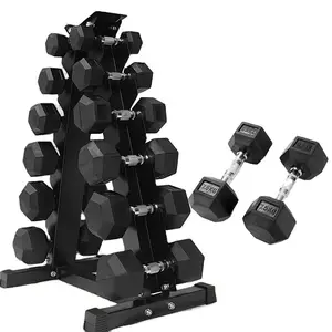 Produttore esagonale rivestito completamente nero peso palestra 2.5-50 kg libbre manubri Set manubri esagonali in gomma con Rack