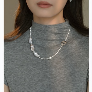 Collier en perles de poisson baroque naturelles, luxe léger, chaîne de clavicule pour jeunes adultes, pour les pulls d'automne, conçu pour le confort - Product Image 2