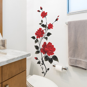 Autocollant mural en forme de branche de rose rouge <span class=keywords><strong>romantique</strong></span>, art floral, grandes tuiles murales, autocollants pour salle de bain/salon/<span class=keywords><strong>chambre</strong></span> - Product Image 4