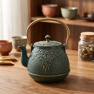 Traditional Chinese Metal Tea <b>Kettle</b> With Lid <b>Green</b> Leaf Design Metal Handle Water Pot - Product Image 2