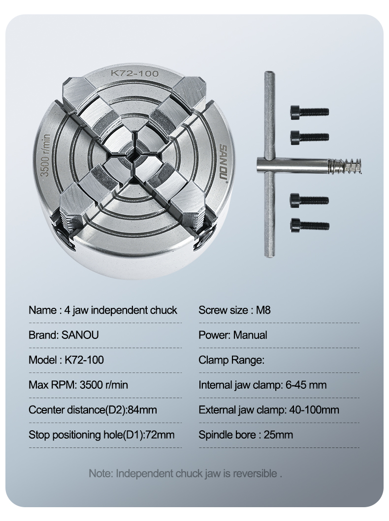 SANOU Lathe Chuck 100mm - High Accuracy 4 Jaw Independent