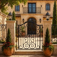 Portail piétonnier de jardin en fer forgé artisanal de luxe LINCAI |   Portail d'entrée latéral cintrée orné assorti à un système de clôture