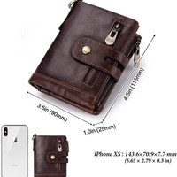 Dompet Rantai Lipat Dua Geometris Vintage Unisex Kulit Asli Anti-RFID Kantong Koin Kancing Ritsleting Ganda Anti-Maling