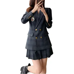 Ladies' Spring New Plaid Suit Korean College Wind Jacket with Pleated JK Uniform Skirt Two-Piece Women's Suits & Blazers