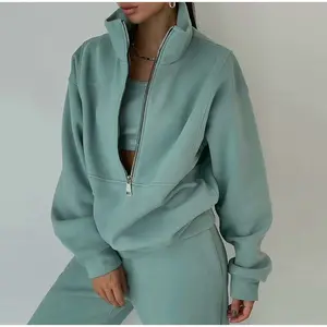 Oem Custom Women Half Zip Up Hoodies Mint Green 2024 New Arrivals Loose Fleece Cotton Polyester Hoodies For Women