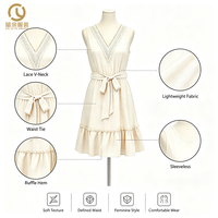 Fabricant de robes d'été décontractées pour femmes, sur mesure OEM/ODM, avec dentelle, col en V, sans manches, coupe trapèze, taille ceinturée et ourlet à volants