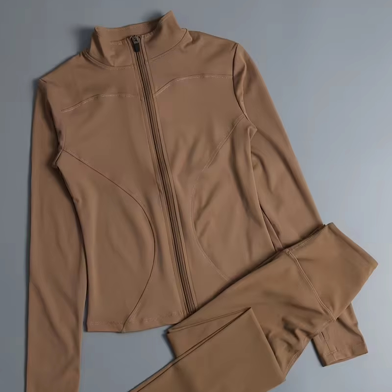 A Two-Piece Set of Casual Sports Yoga Set Wear Women Spring Featuring a Stylish Long-Sleeve Jacket Stand-Up Collar Leggings