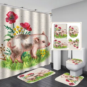 재미있는 돼지 샤워 커튼 농가 어린이를위한 귀여운 농장 동물 욕실 커튼 세트
