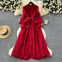 Robe longue d'été pour femme, style défilé, brodée de dentelle florale, manches lanterne, ceintures élégantes, vintage, pour soirée, style français, Vestidos