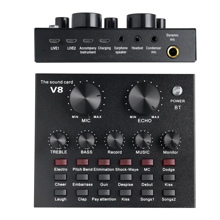 المهنية استوديو جهاز التحكم في الصوت تسجيل الخارجية يعيش كارت الصوت V8 للميكروفون المكثف