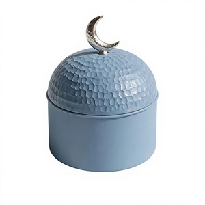 Dusty Blue Enamel Printed <b>Metal</b> Snacks <b>Box</b> Round Dome Lid Crescent Moon Top Arabic Storage Jar Festive Tableware - Product Image 1