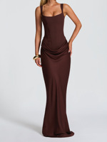 Robe longue de soirée chic décontractée pour femme, col carré, bretelles réglables, dos nu, sexy, à volants superposés, plissée