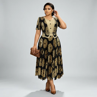 Robe Midi Plissée de Soirée Élégante à Taille Empire, Imprimé Anneaux Concentriques Dorés, Haute Élasticité, Courte, Collection Source Factory