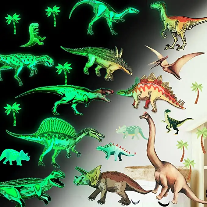 Wholesale Self Adhesive Custom Cartoon Shine Dark Luminous Vinyl Waterproof Wallpaper Decoration PVC Dinosaur Wall Sticker