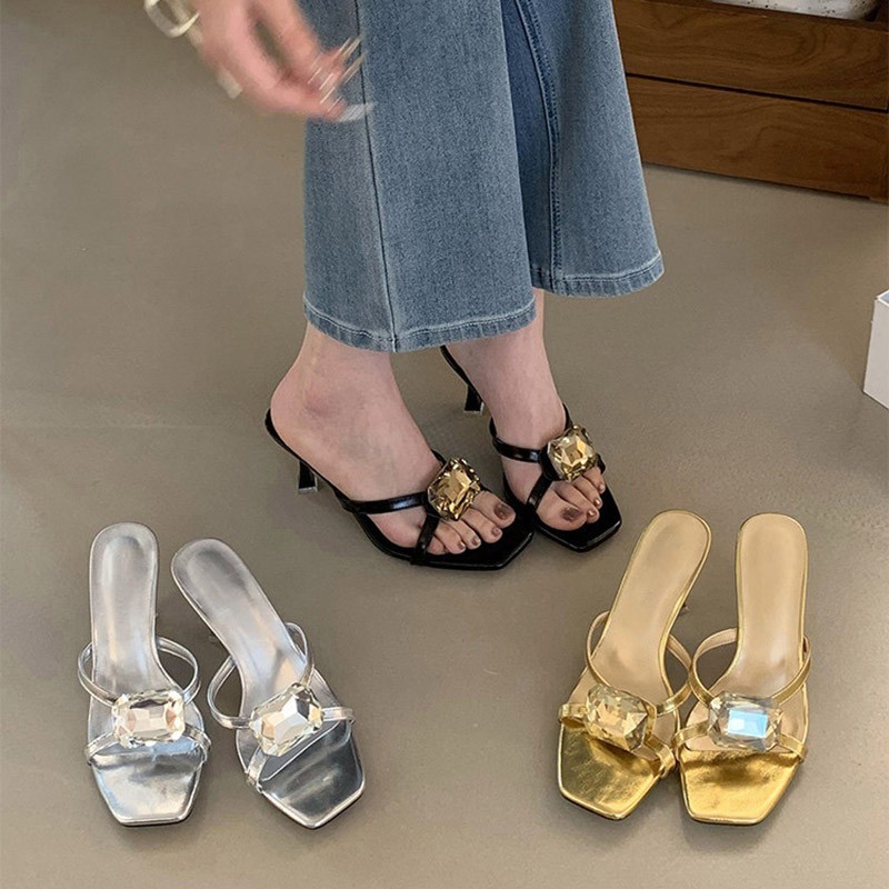 Minimalist Metallic Gemstone Heeled Slides Women