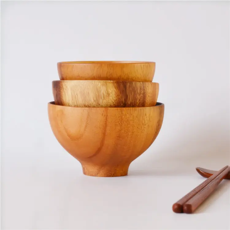 Japanese Style Natural Acacia Wood tableware Cheap rice soup ramen bowls wooden Soup bowl