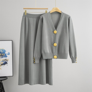 Wholesale Bulk Custom V-Neck Big <b>Gold</b> Button Knitted Cardigan Midi Skirt 2 Piece Set for Women Autumn Office Wear - Product Image 3