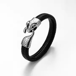 Pulsera de cabeza de serpiente para hombre, brazalete trenzado de cuero de acero inoxidable, joyería de moda, regalo para él - Product Image 1