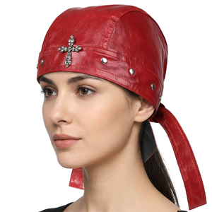 <b>Red</b> Leather Baseball Cap Rhinestone <b>Cross</b> Punk Style Fitted Unisex Casual Breathable Waterproof Metal Buckle Four Seasons Wear - Product Image 1