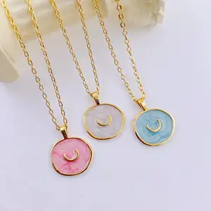 Pendentif pièce unique rose bleu blanc Dainty Gold Circle 316L PVD Plating Star And Moon Necklace