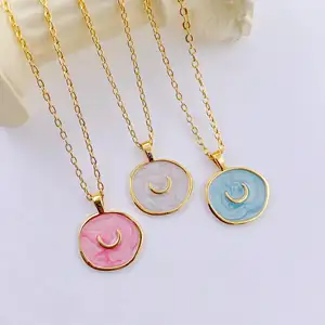 Único rosa azul blanco moneda colgante delicado oro círculo 316L PVD chapado estrella y Luna collar