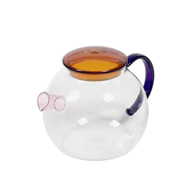 Сделанный на заказ боросиликатный прозрачный ручной выдувной термостойкий стеклянный чайник с ручкой и крышкой с разноцветными деталями