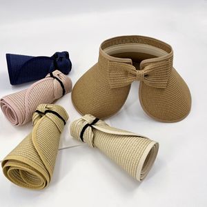 Hot-Sale Foldable Portable Women's Sunscreen Wide-Brimmed Bow Hat Promotional Outdoor Beach Cap Empty-Top Straw Hat