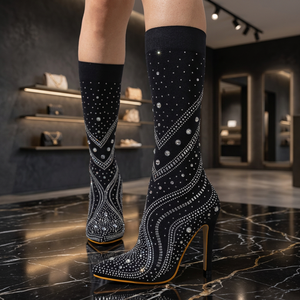 Bottines mi-mollet noires pour femmes Fonleader, en tissu extensible, bout pointu, talons aiguilles avec strass - Product Image 3