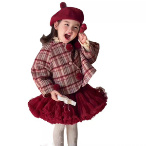 Girls Plaid Fleece <b>Lined</b> <b>Coat</b> Tutu Skirt Set Autumn Winter Outfit Windproof Christmas Dress - Product Image 4
