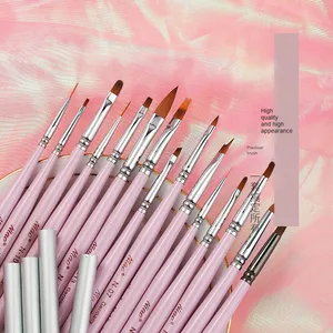 <b>Crimped</b> Ferrule Manicure Pen <b>Set</b> with Lid Petal Nail Brush Flat Nylon Hair Wooden Painted Handle Gel Nail Art Painting Brushes - Product Image 4