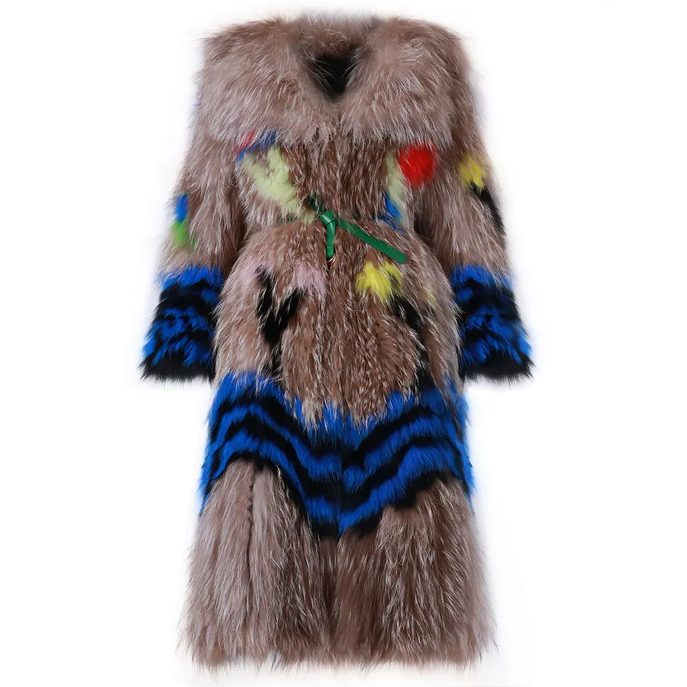 Abrigo de piel de punto estampado para mujer, abrigo largo de piel de zorro Real con cuello giratorio