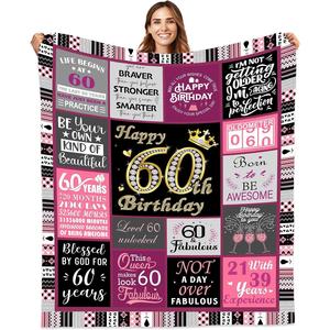 <b>Pink</b> Black Gold 60th Birthday Flannel Blanket <b>Throw</b> Blanket Nap Blanket Breathable Skin Friendly for Home Office Nap OEM ODM - Product Image 2