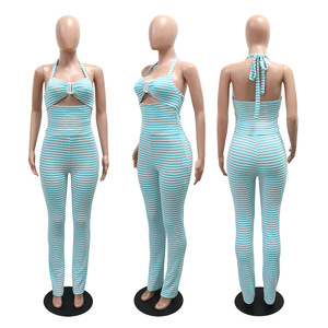 Nuovo Completo Estivo da Donna Sexy a Righe con Patchwork, Top Halter Senza Schienale + Pantaloni Aderenti - Product Image 5