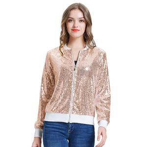 KC000097 OEM soporte manga larga cuello cremallera abrigo de las mujeres brillantes lentejuelas de béisbol chaquetas - Product Image 1