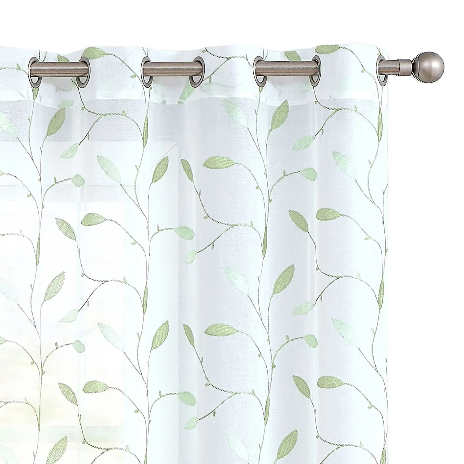 Sheer Curtains Embroidered Floral Leaf Voile Drapes for Bedroom Living Room Grommet Top Window Treatments 2 Panels Green on Whit