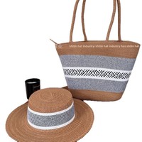 Neues Bohemian-Style Urlaubsset: Gestreifte Farbblock-Zweischultertasche mit Reißverschluss und Strohhut für Damen