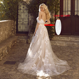Off The Shoulder Strapless Ivory White Wedding Dress A Line Chiffon With Embroidery Floral Print Natural Waistline - Product Image 4