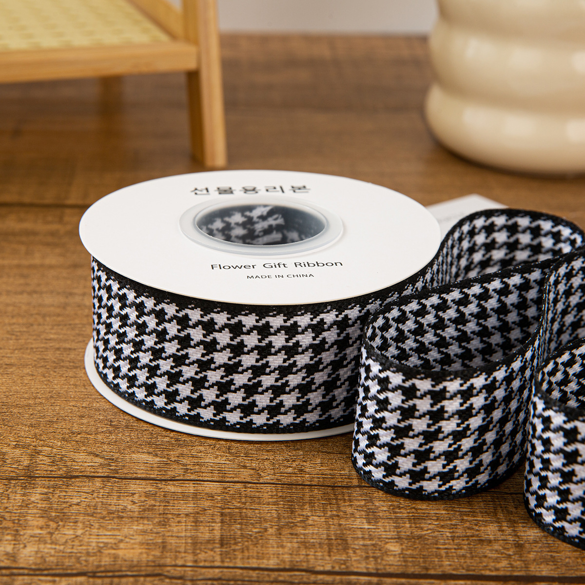 Sangle pied-de-poule noire de 4 cm [type dur extra épais] 10 yards